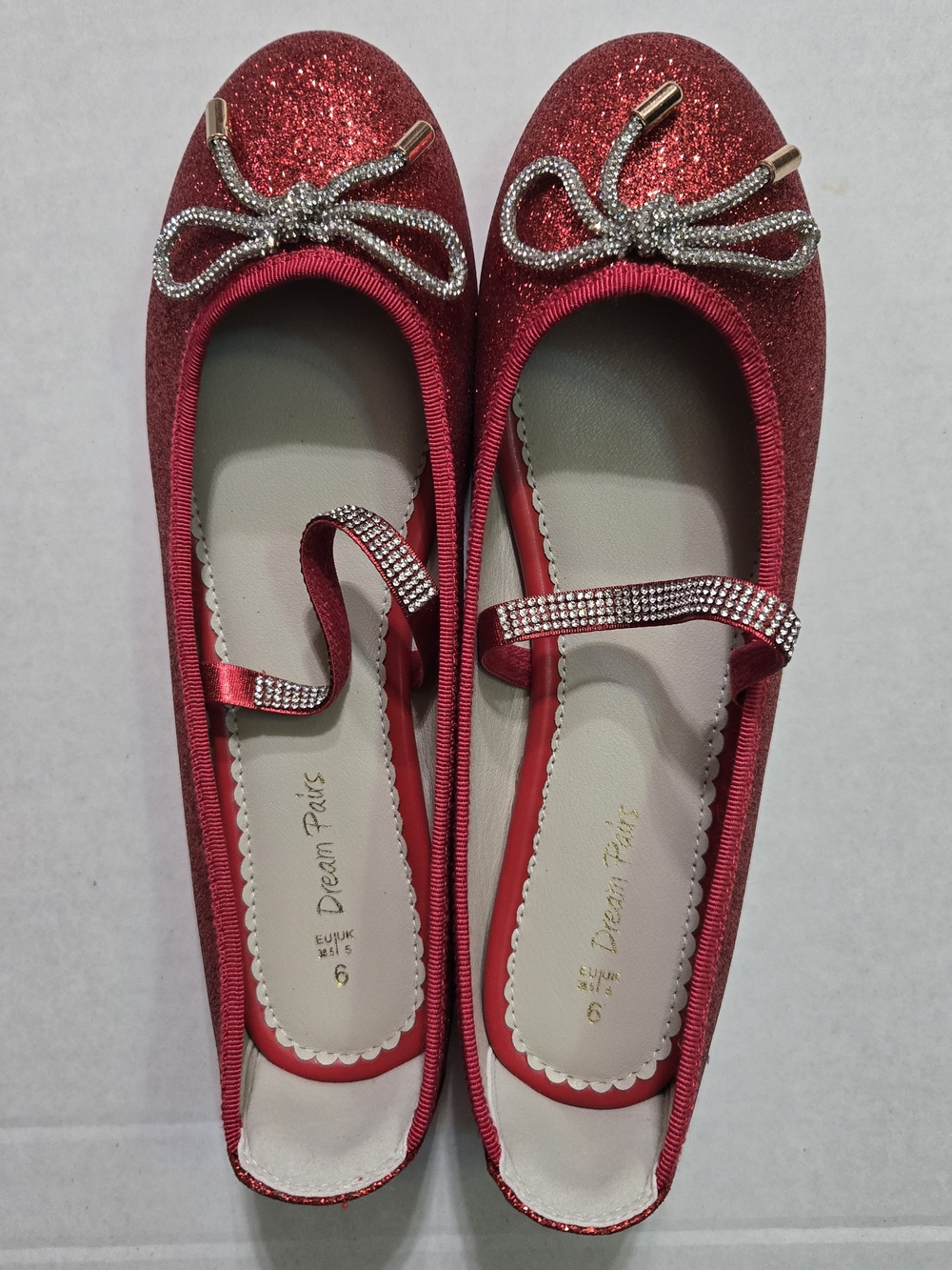Dream Pairs Girls Red Glitter Bow Mary Jane Flats Round Toe US 6 EU 38.5 UK 5